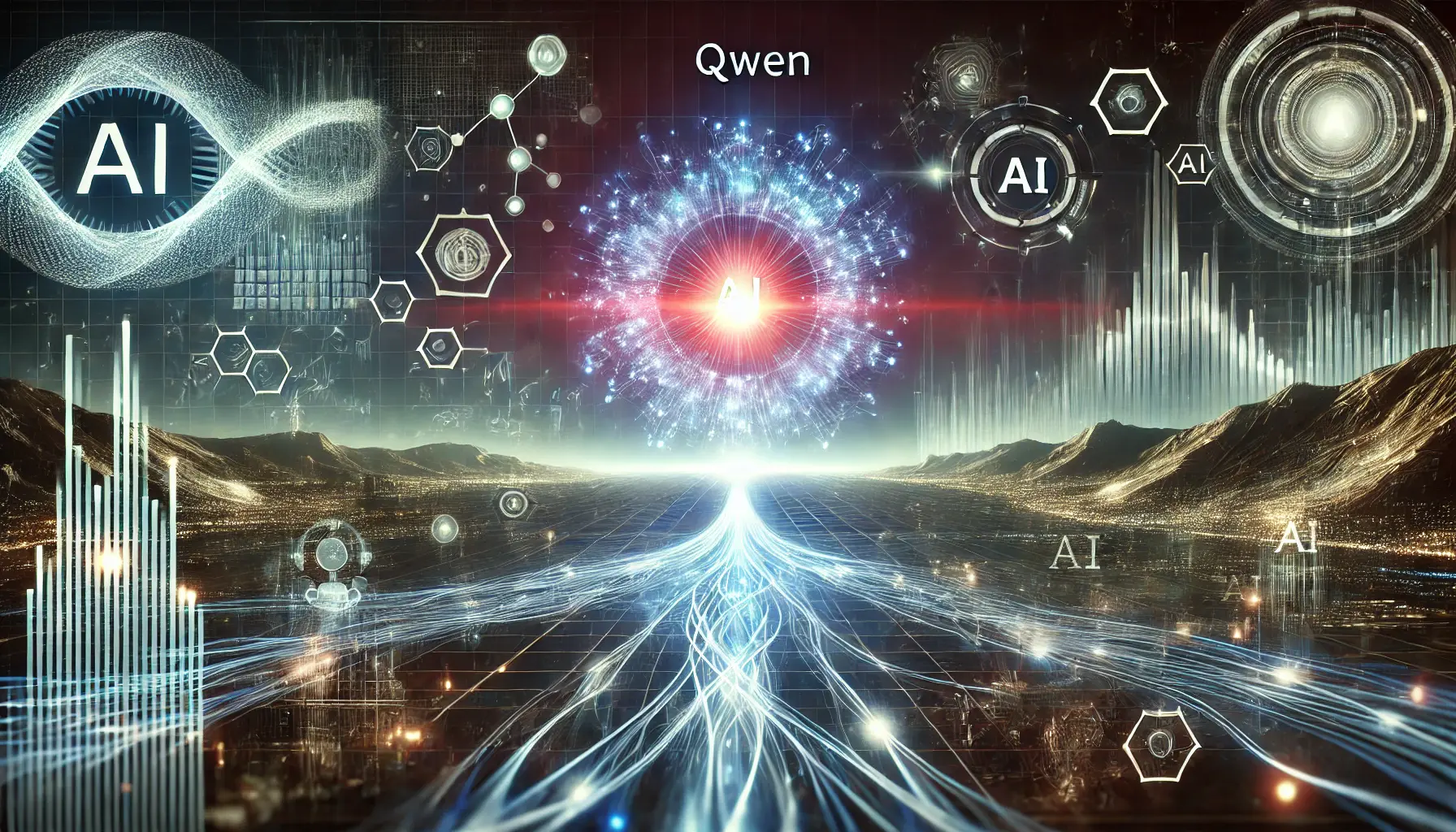 A futuristic digital environment showing Qwen as a central figure in the evolution of AI, with interconnected data streams and evolving AI systems.