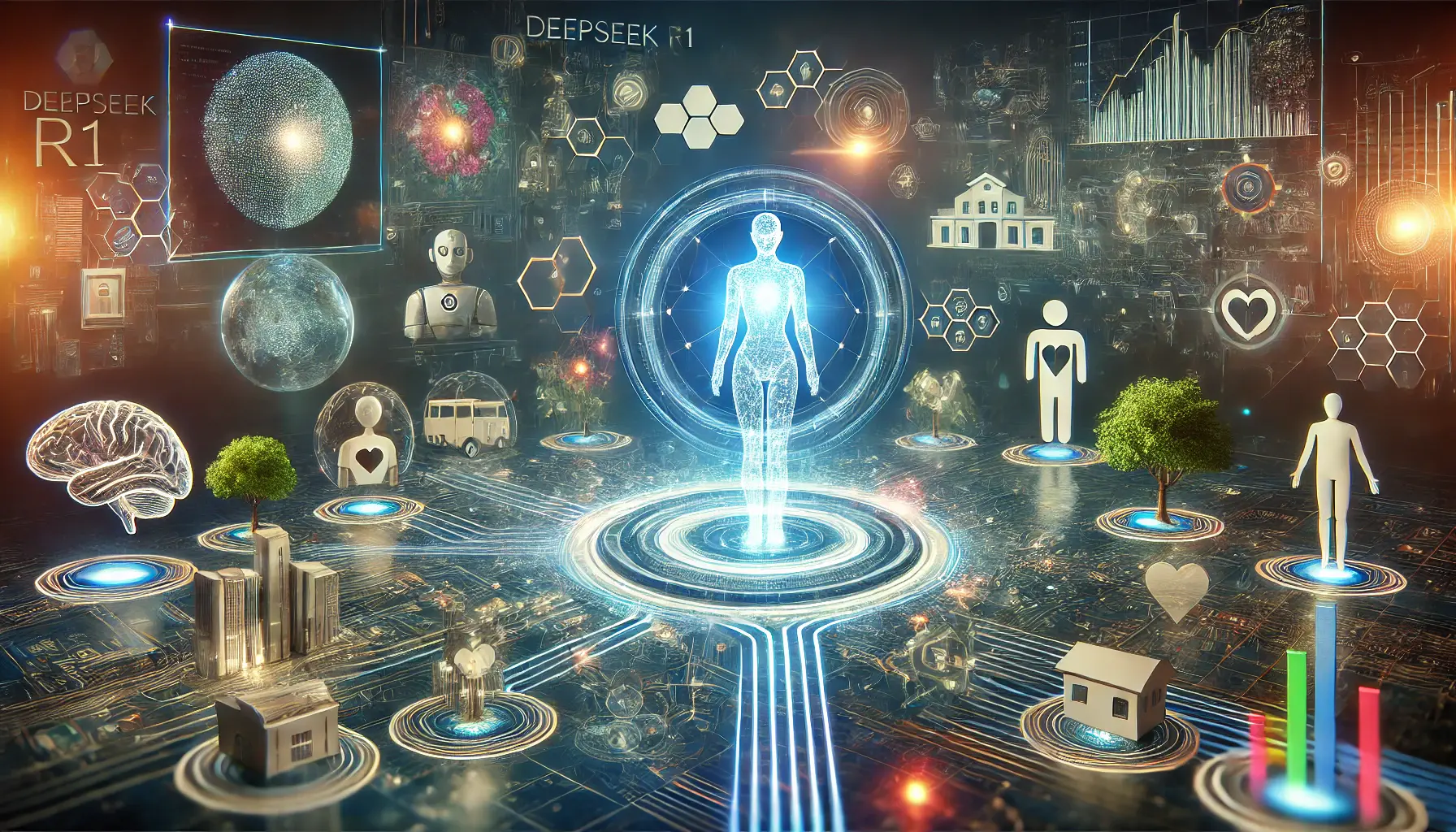 A futuristic digital landscape illustrating the future of AI and DeepSeek R1’s role in it. The image features a glowing AI model surrounded by pathways leading to different sectors, such as healthcare, robotics, and software development, symbolizing the potential applications of DeepSeek R1 in the future. The background includes advanced technological elements, such as neural networks, holographic displays, and digital connections, emphasizing DeepSeek R1’s significance in the evolving AI landscape.