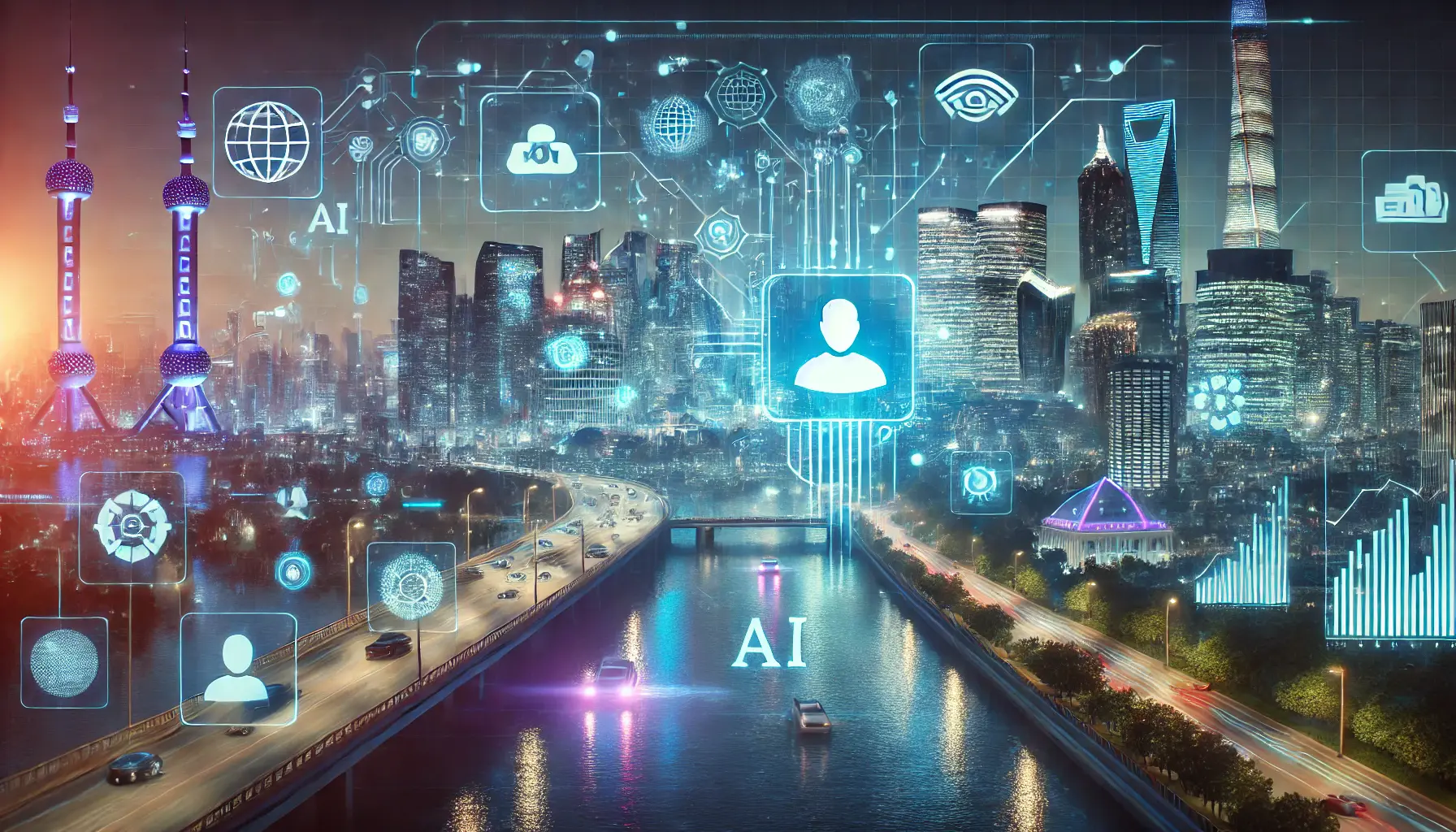 A futuristic cityscape illuminated with neon lights, showcasing AI-driven systems such as autonomous vehicles, smart cities, and AI-powered healthcare.