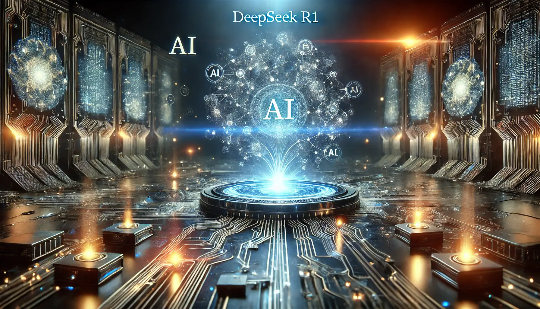 A futuristic AI system with glowing neural networks and expansive data pathways symbolizing the future of AI technology with DeepSeek R1.