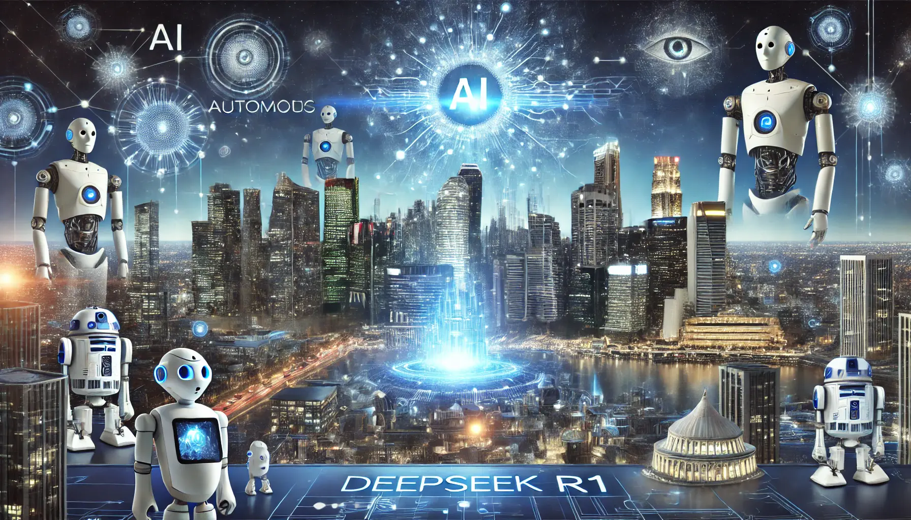 A futuristic cityscape with AI-driven technology, autonomous systems, robots, and holographic interfaces displaying advanced AI models, symbolizing the future of AI with DeepSeek R1.