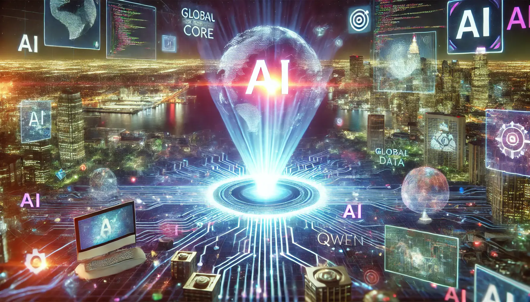 A futuristic AI core surrounded by holographic representations of global data and digital interfaces, with a vibrant cityscape symbolizing the future of AI technology.