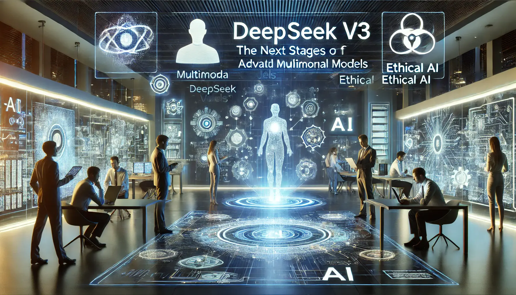 A futuristic AI lab showcasing the evolution of DeepSeek v3, with professionals interacting with advanced AI systems and holograms.