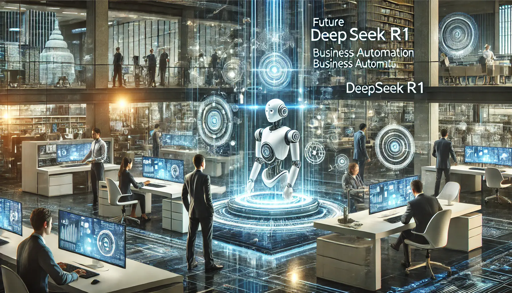 Futuristic business environment with robotic systems, AI decision-making tools, and professionals collaborating on automation.