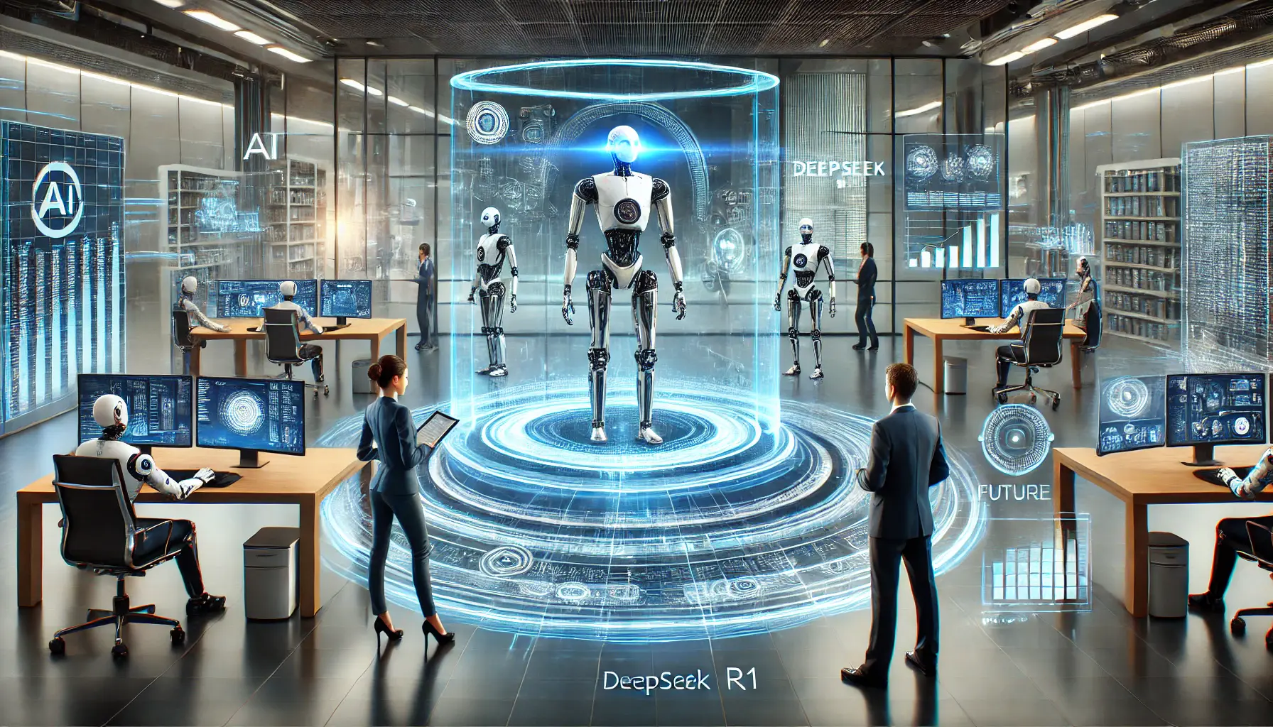 Futuristic business environment with AI-driven robotic systems and holographic interfaces for business automation.