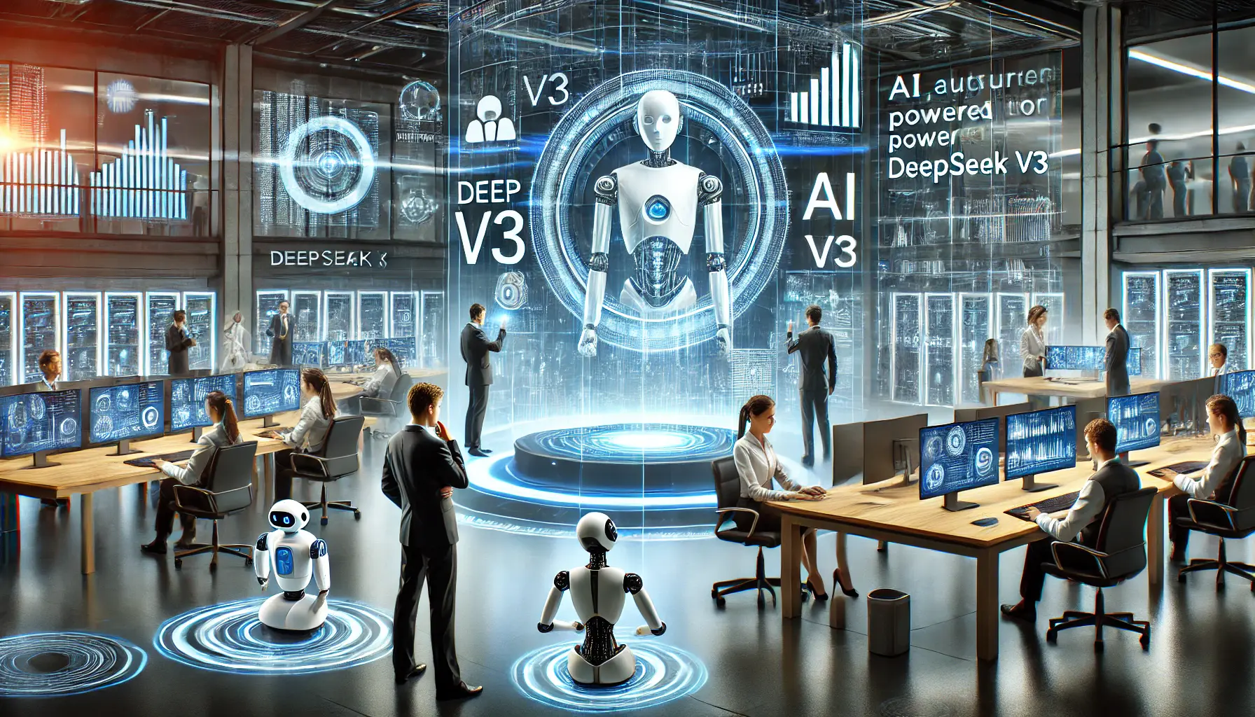 A futuristic office where professionals interact with AI-driven automation systems powered by DeepSeek v3.