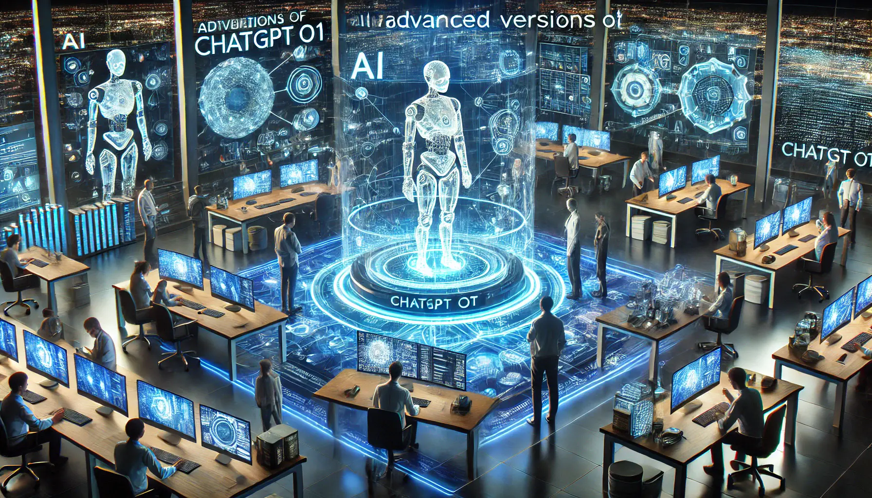 A futuristic AI lab where engineers work with advanced versions of ChatGPT o1, interacting with virtual interfaces and next-generation AI models.