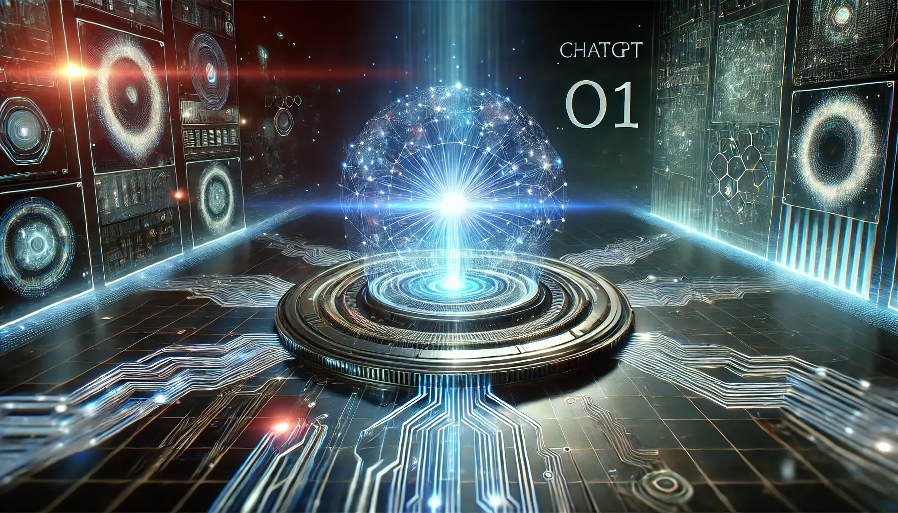 A futuristic AI core surrounded by evolving data streams and neural networks representing the future of ChatGPT o1 in AI development.