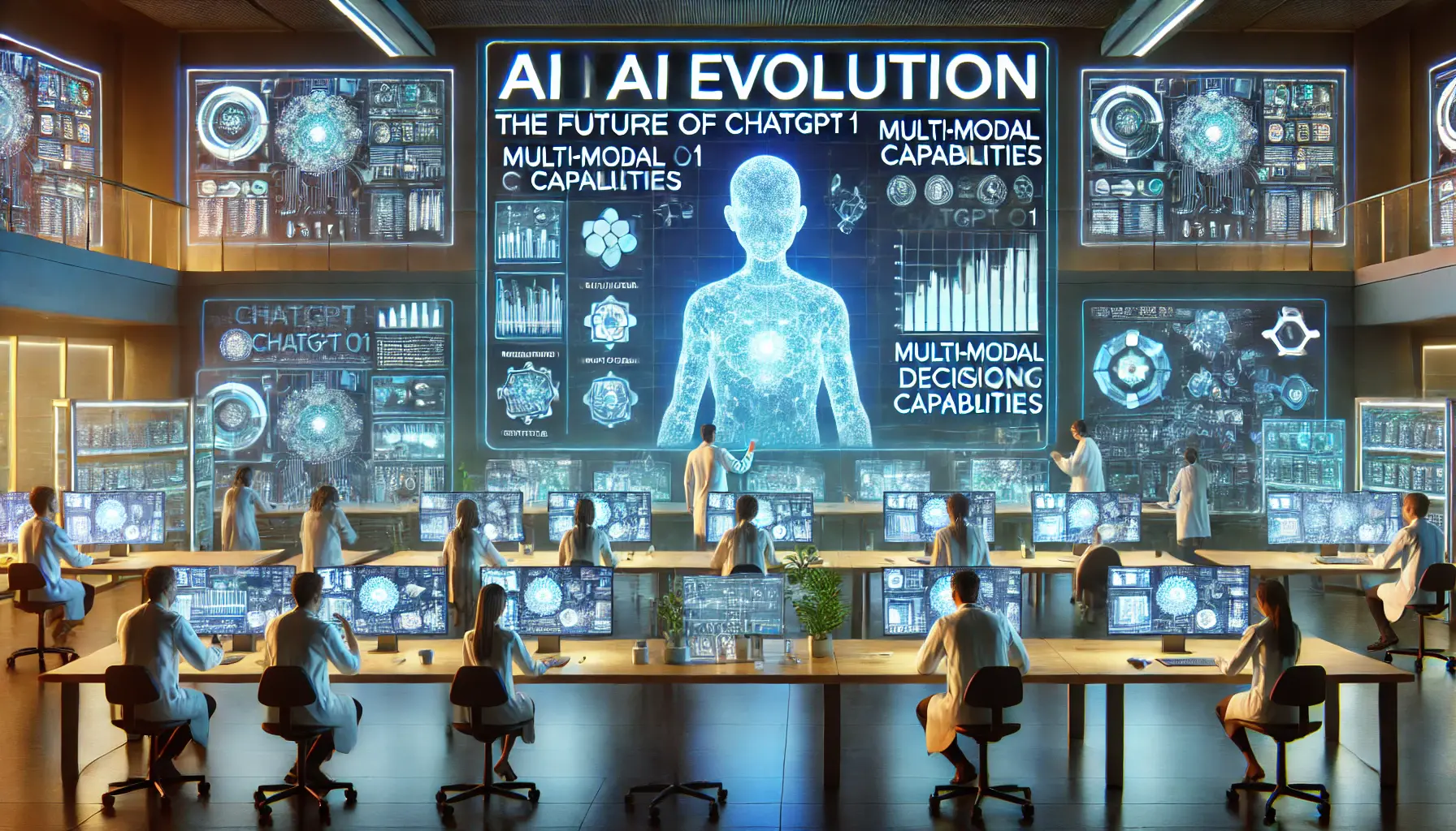 A futuristic AI research facility where scientists explore the future of ChatGPT o1, with digital screens displaying evolving AI models and multi-modal capabilities.