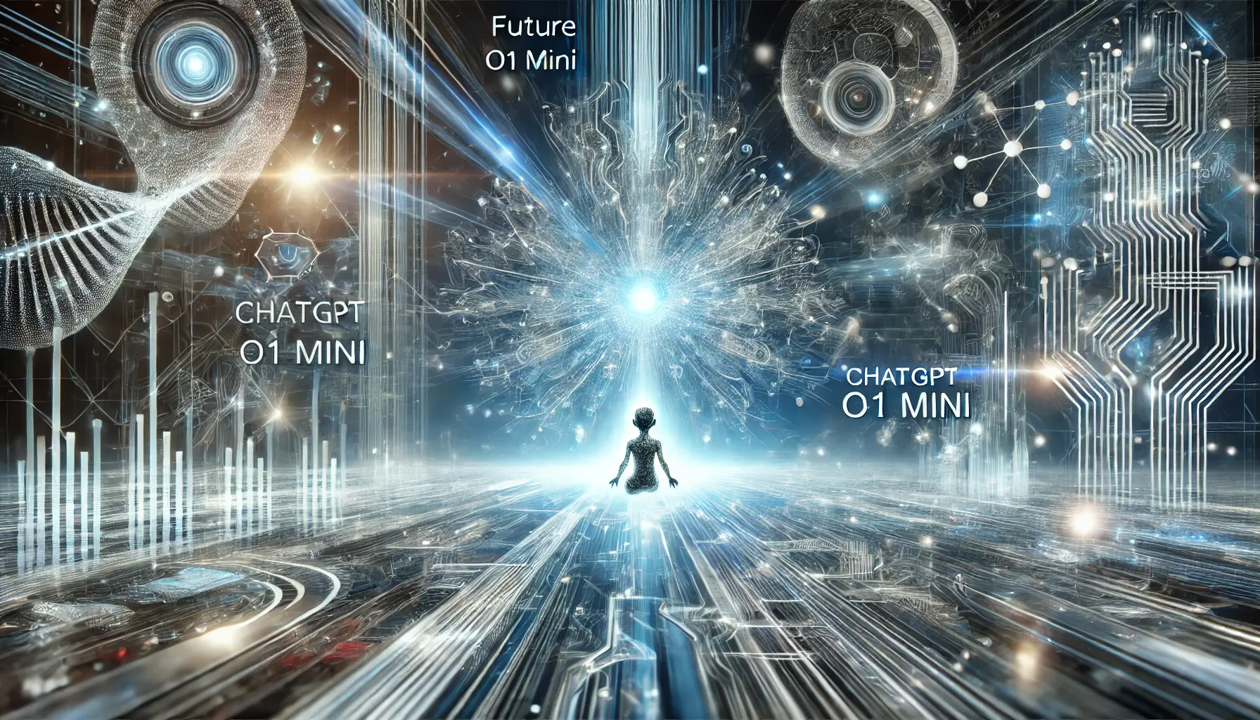 A futuristic depiction of the future of ChatGPT o1 Mini, with expanding data streams and neural pathways symbolizing growth and innovation.