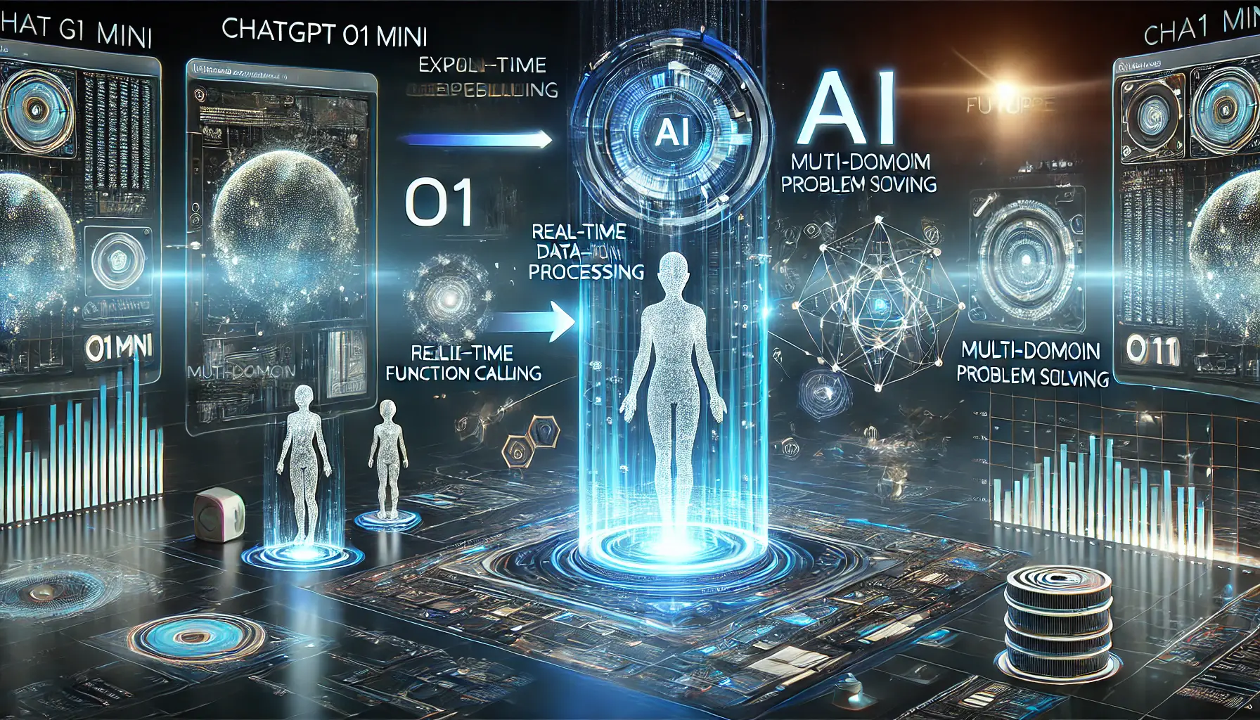 A futuristic digital interface showing the evolution and growing capabilities of ChatGPT o1 Mini.