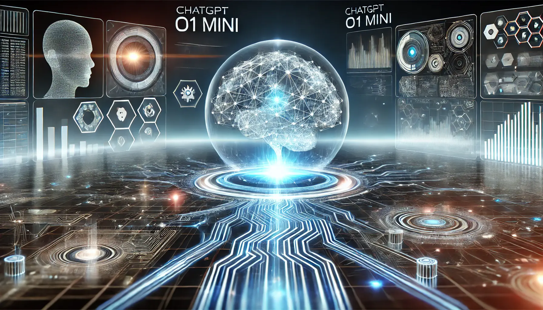 A futuristic digital environment symbolizing the evolution of ChatGPT o1 Mini, with expanding neural networks and evolving data flows.