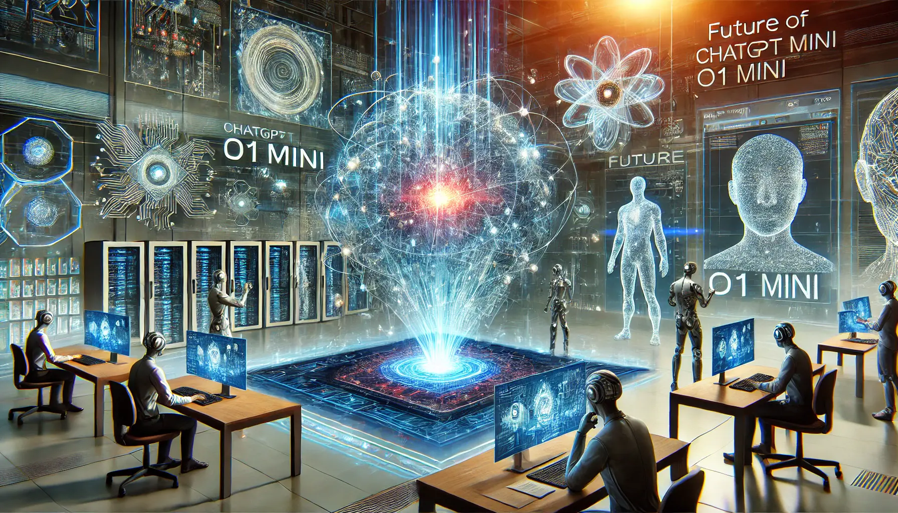 A futuristic digital workspace depicting the evolution of ChatGPT o1 Mini into more powerful AI models, with engineers observing neural networks and data structures expanding.