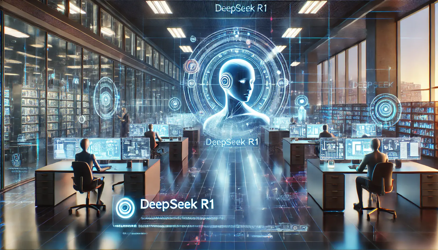 A futuristic vision of DeepSeek R1, showcasing its advanced AI capabilities and integration into business operations for future innovation.