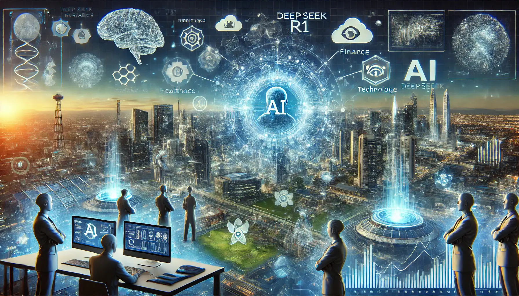 A futuristic AI landscape with holographic projections of DeepSeek R1 evolving and flowing data streams into industries like healthcare, finance, and technology.