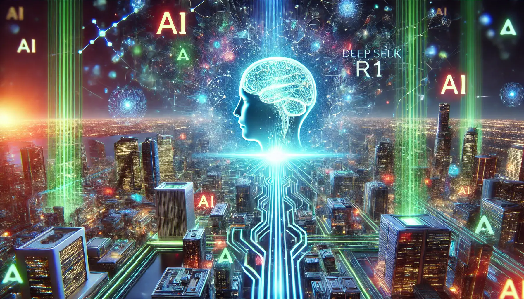 A futuristic AI model glowing brightly and processing massive data streams, with a digital cityscape in the background symbolizing the future of DeepSeek R1 in AI.