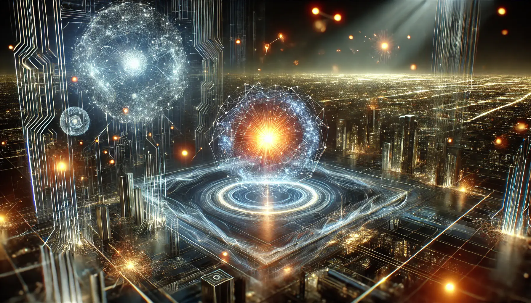 A dynamic, glowing AI core surrounded by interconnected neural networks and futuristic cityscapes, symbolizing the future potential of DeepSeek R1.