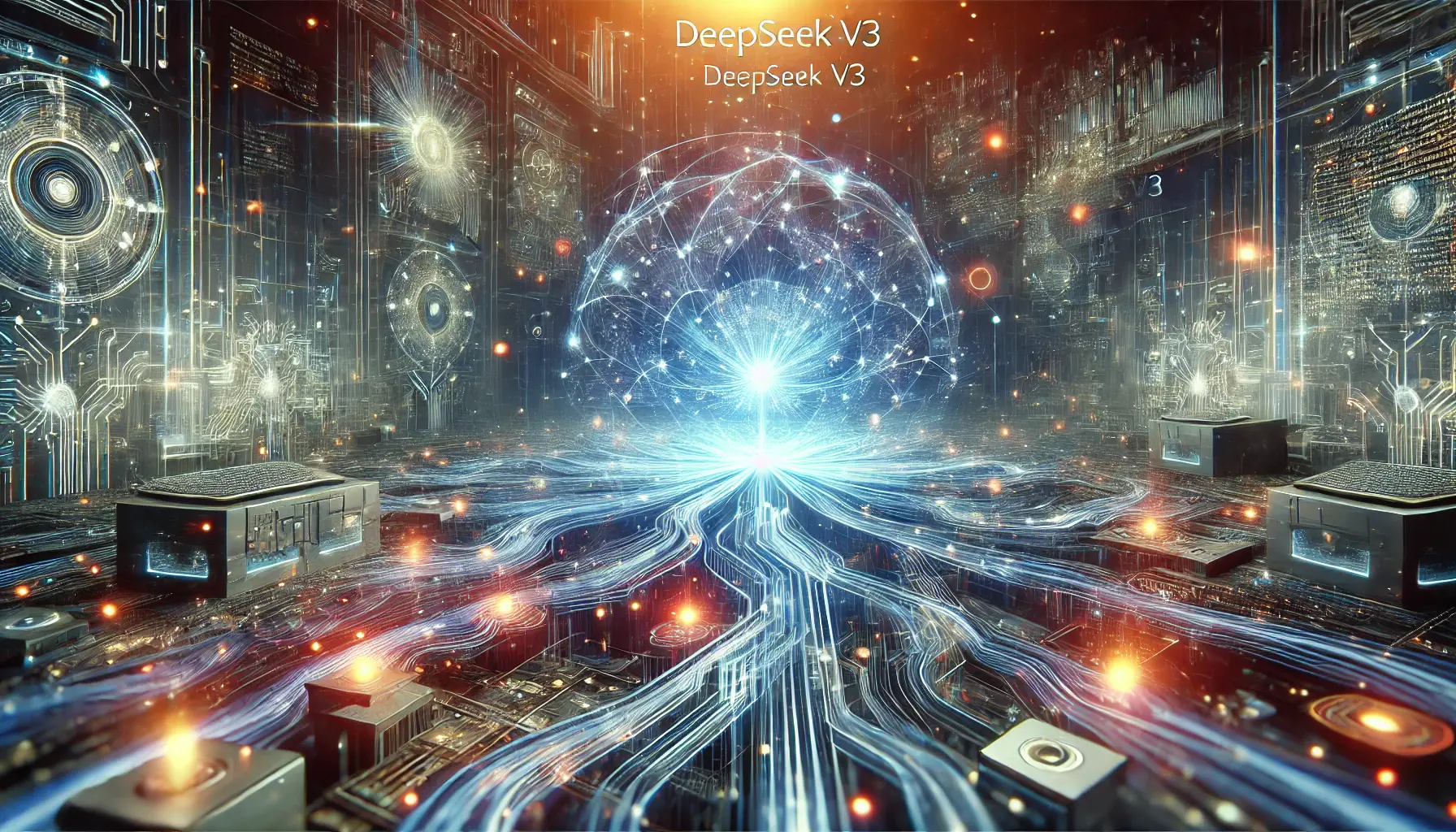 A futuristic vision of DeepSeek v3's future in AI development, with expanding neural networks and glowing data streams.