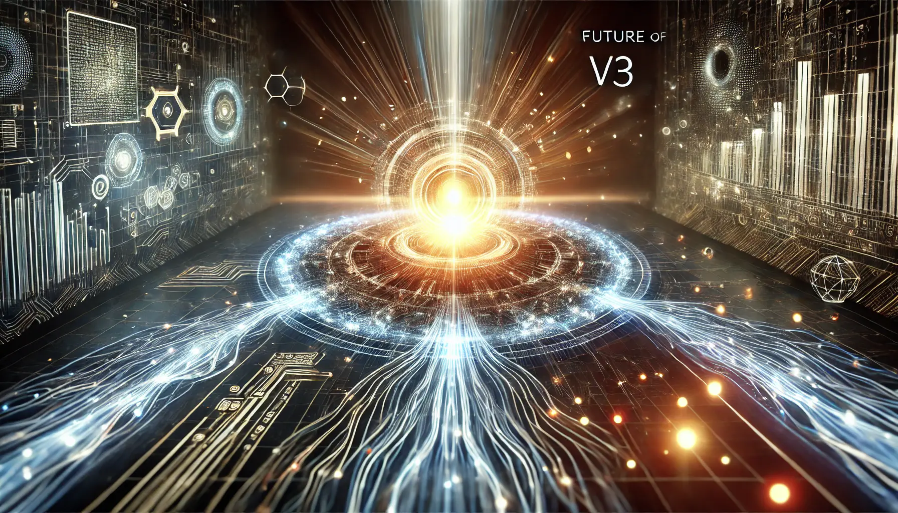 A futuristic visualization of the future of DeepSeek v3, with a radiant AI core surrounded by flowing light beams and data streams extending outward into a digital landscape.