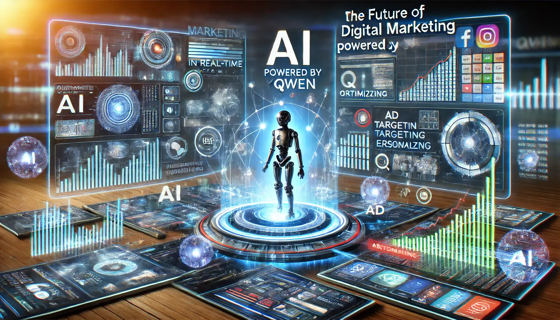 A futuristic concept of digital marketing powered by Qwen, with AI-driven strategies optimizing campaigns in real-time, featuring customer insights, ad targeting, and engagement metrics.