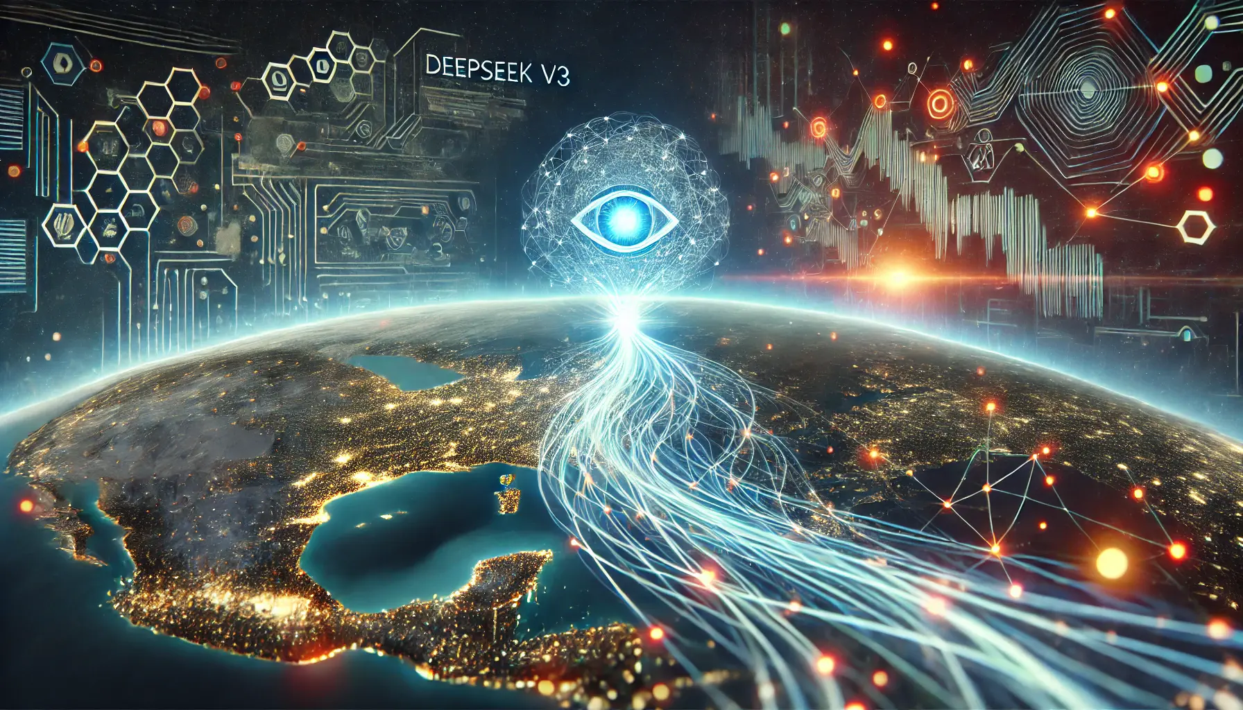 A digital representation of the future of multilingual AI with DeepSeek v3, showing global communication and neural networks.