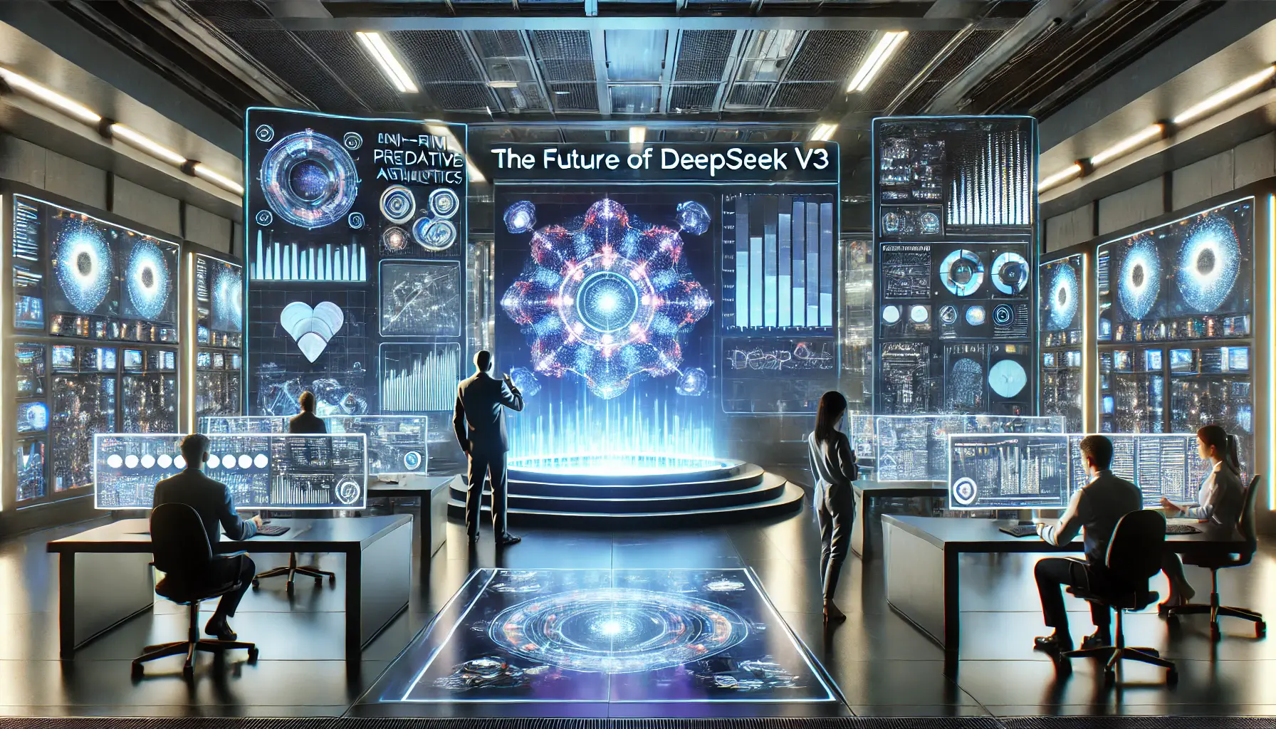 A futuristic AI control room showing DeepSeek v3 models and real-time data analysis, representing the future of predictive analytics.