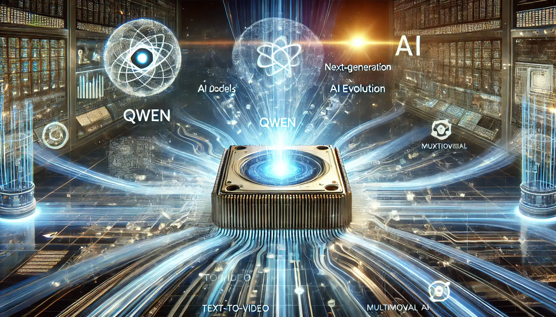 A futuristic visualization of Qwen's ongoing evolution, with data streams and holographic AI technologies symbolizing AI's future.