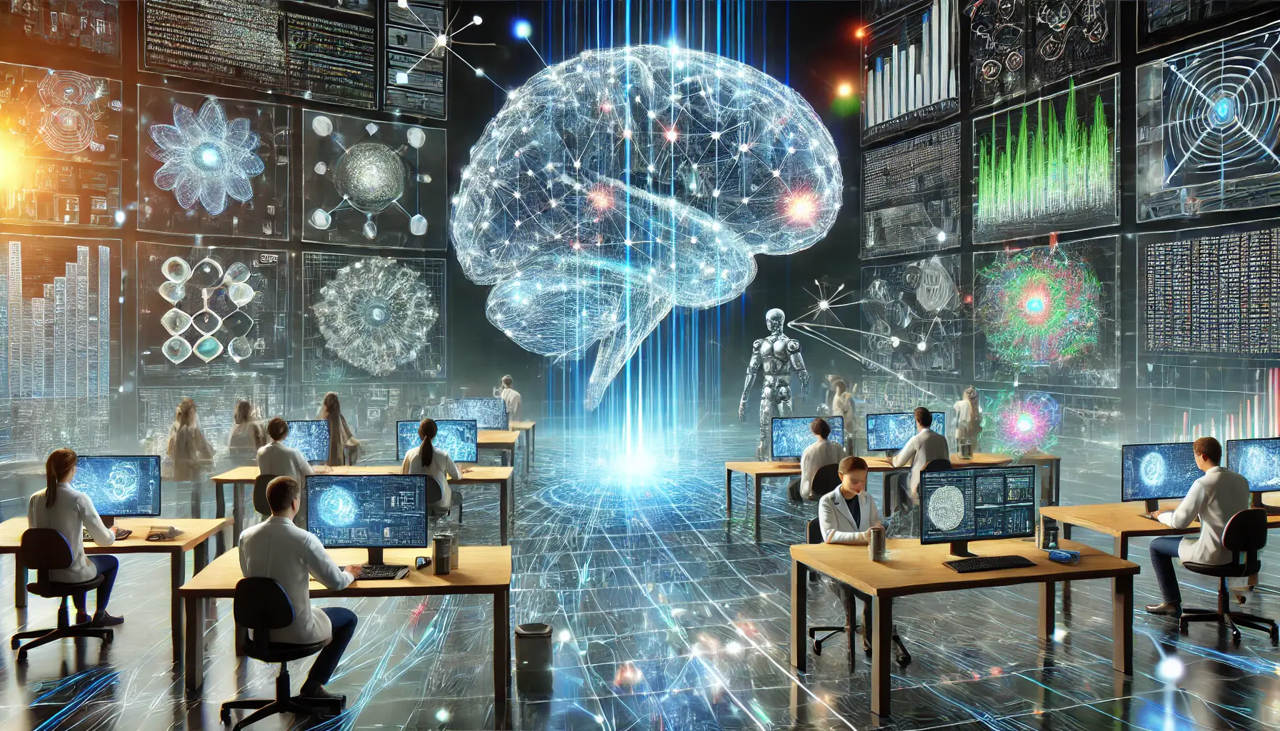 A futuristic AI lab showing researchers working on AI models, with holographic screens displaying complex data and neural network visualizations. A digital brain in the background represents Qwen's growing influence on AI research.