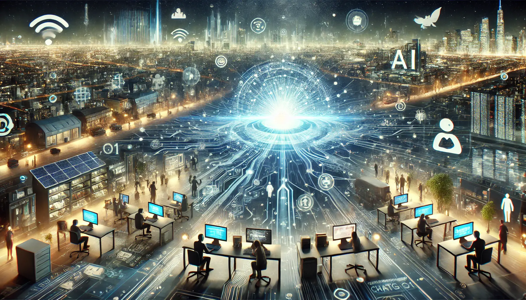 A glowing AI core at the center, connected to a network of data streams and digital cities, with humans interacting with AI in various settings.