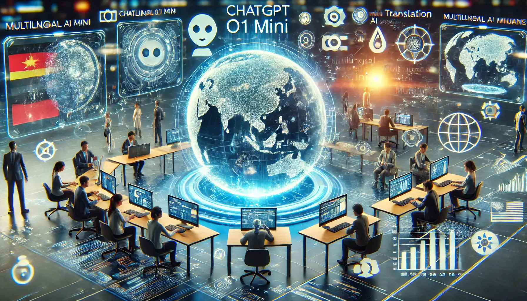 A futuristic digital scene showing ChatGPT o1 Mini’s impact on multilingual AI applications, with AI models translating and processing multiple languages in real-time.