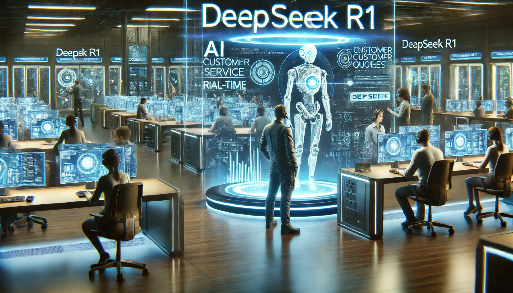 A futuristic customer service center where DeepSeek R1 is handling customer queries in real-time with AI systems.