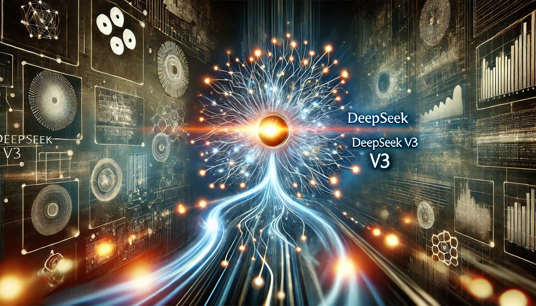 A neural network expanding outward with glowing data streams, symbolizing the transformative impact of DeepSeek v3 on AI development.