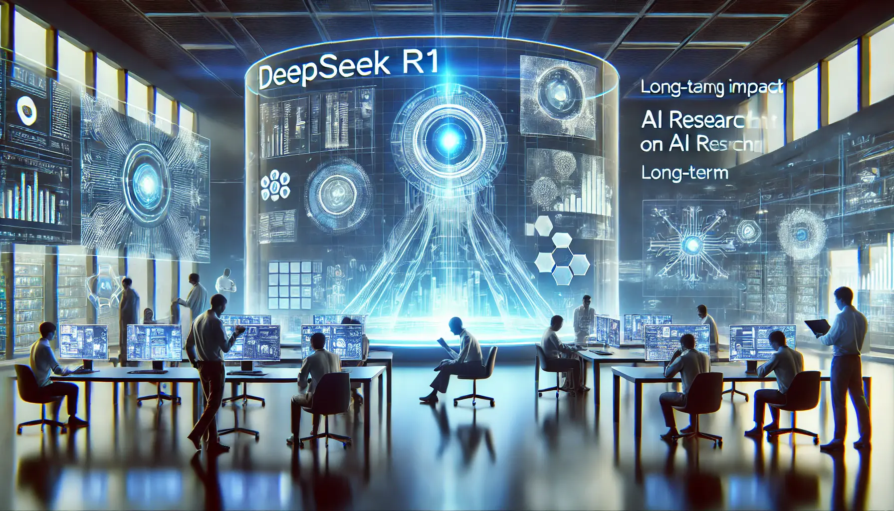 A futuristic AI research lab analyzing the lasting impact of DeepSeek R1 on AI systems and global collaboration.