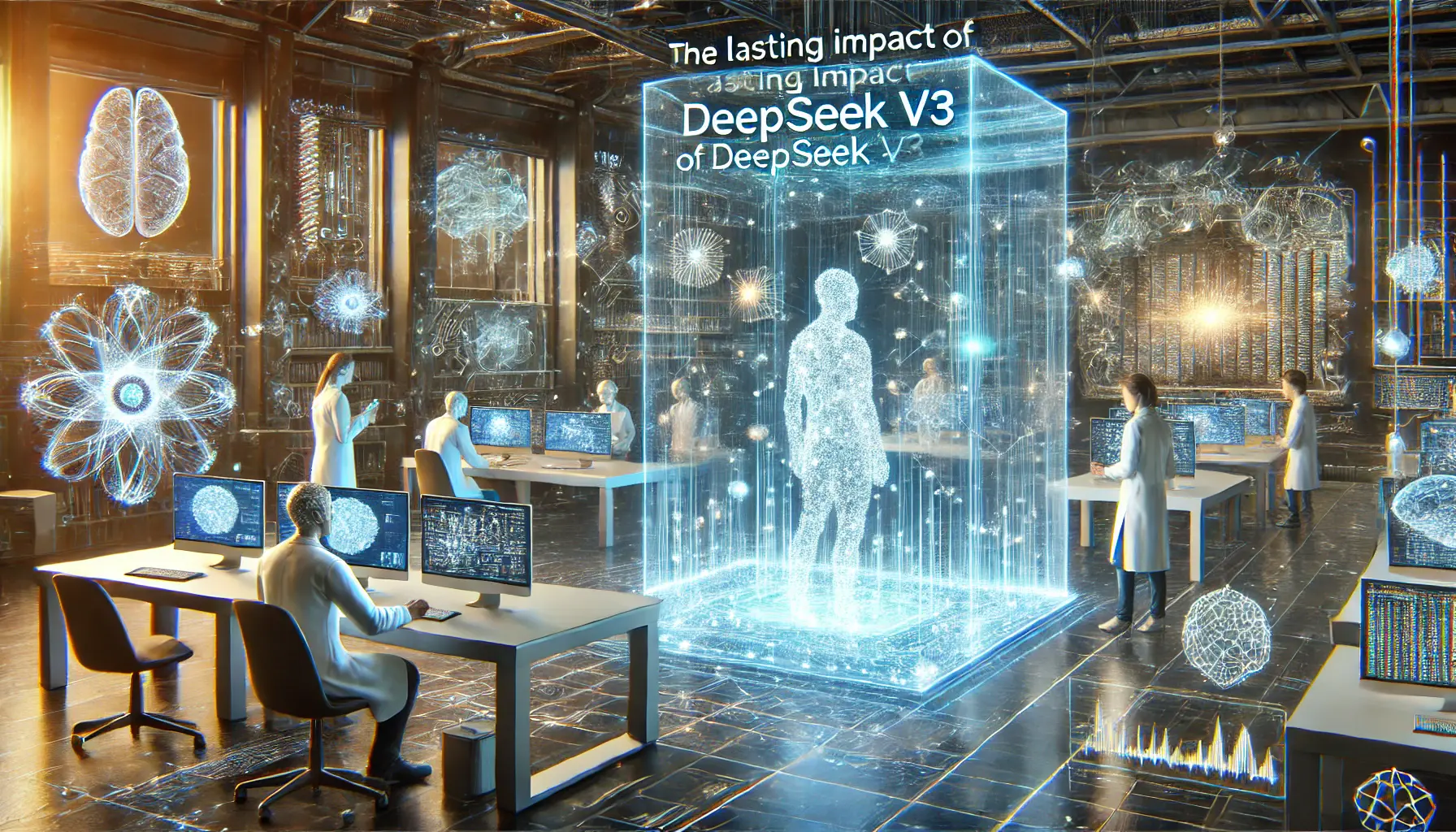 A futuristic AI research lab showcasing the lasting impact of DeepSeek v3 with scientists working on advanced AI models and holographic displays.