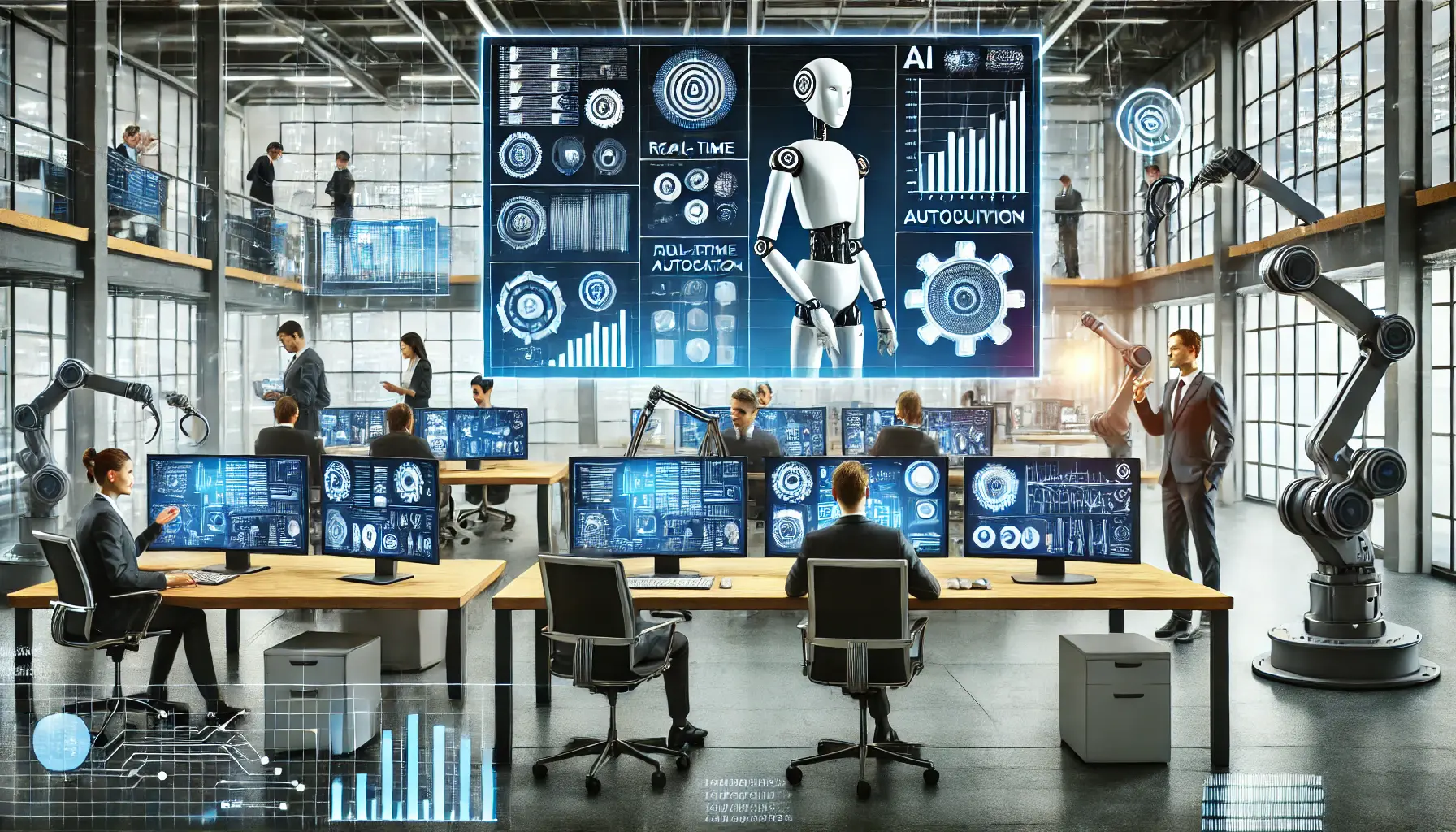 A modern business office with AI-driven automation, digital screens displaying real-time analytics, and robotic assistants handling repetitive tasks.