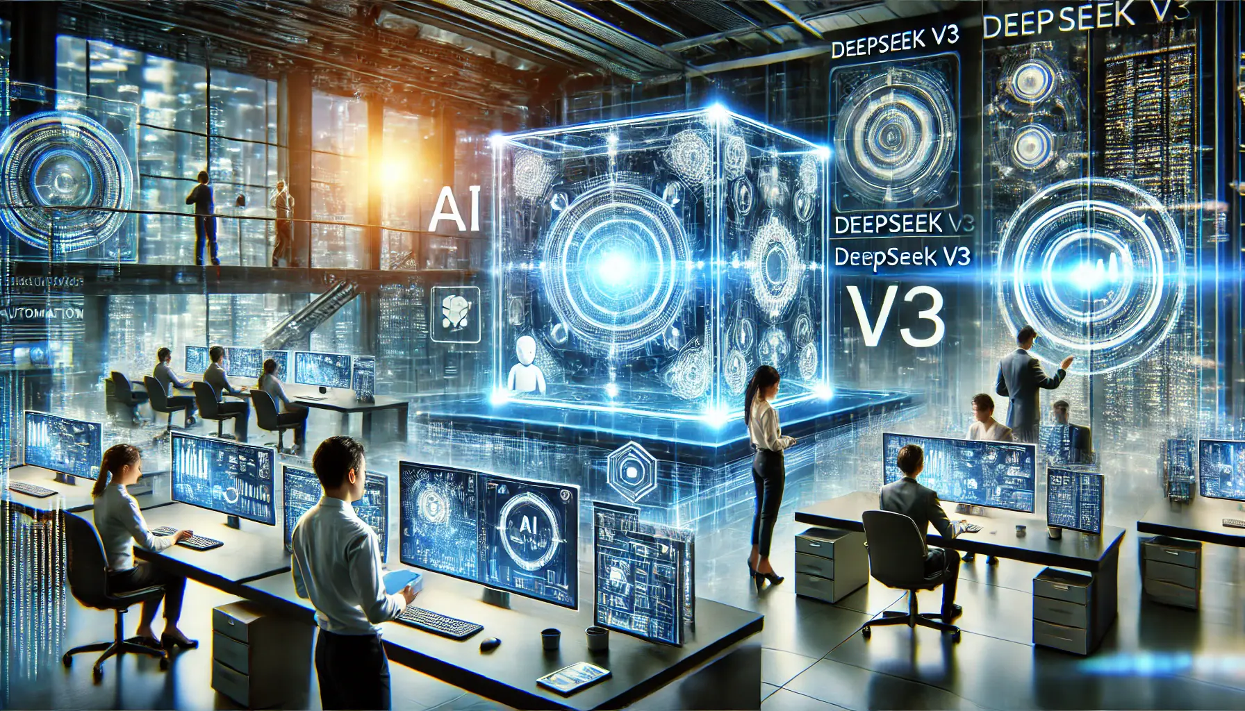 A futuristic business environment where AI-powered automation, driven by DeepSeek v3, enhances operational efficiency.