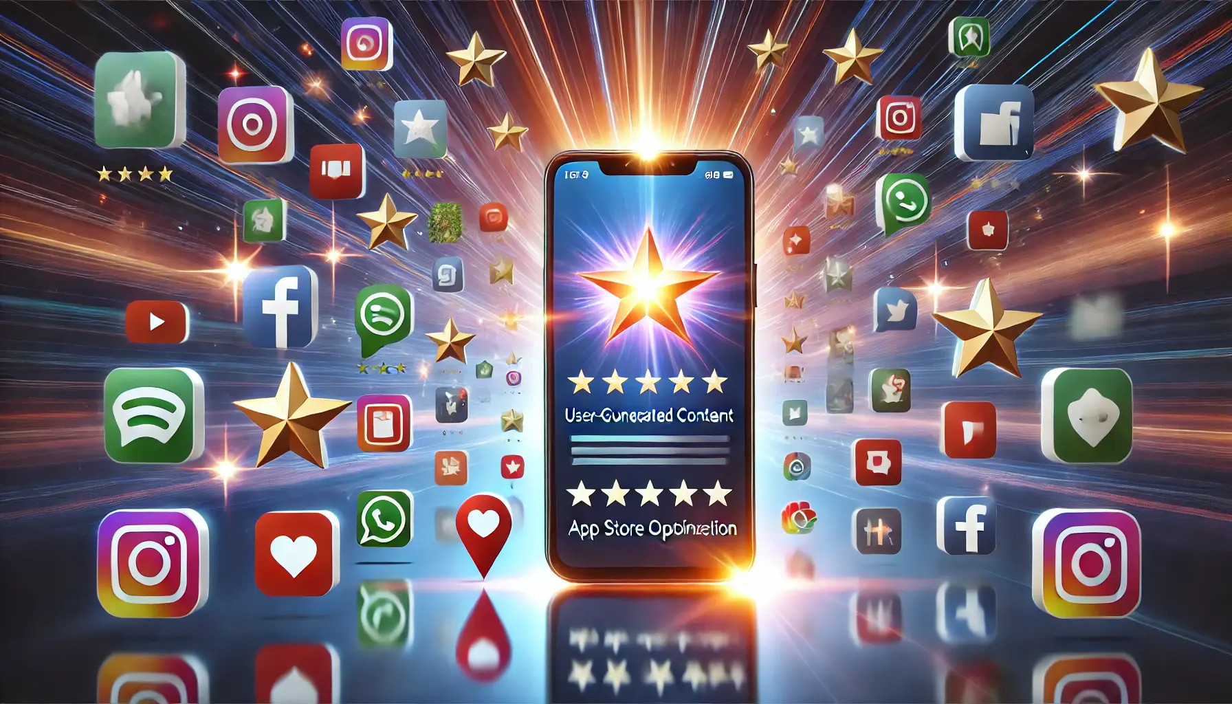 A visually compelling representation of the power of user-generated content (UGC) in app store optimization, featuring a smartphone surrounded by floating UGC elements like star ratings, user reviews, social media posts, and video clips.