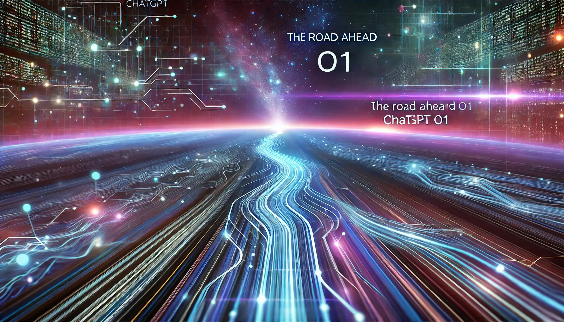 A futuristic visualization of the road ahead for ChatGPT o1, with a glowing neural network and data pathways flowing towards an advanced horizon.