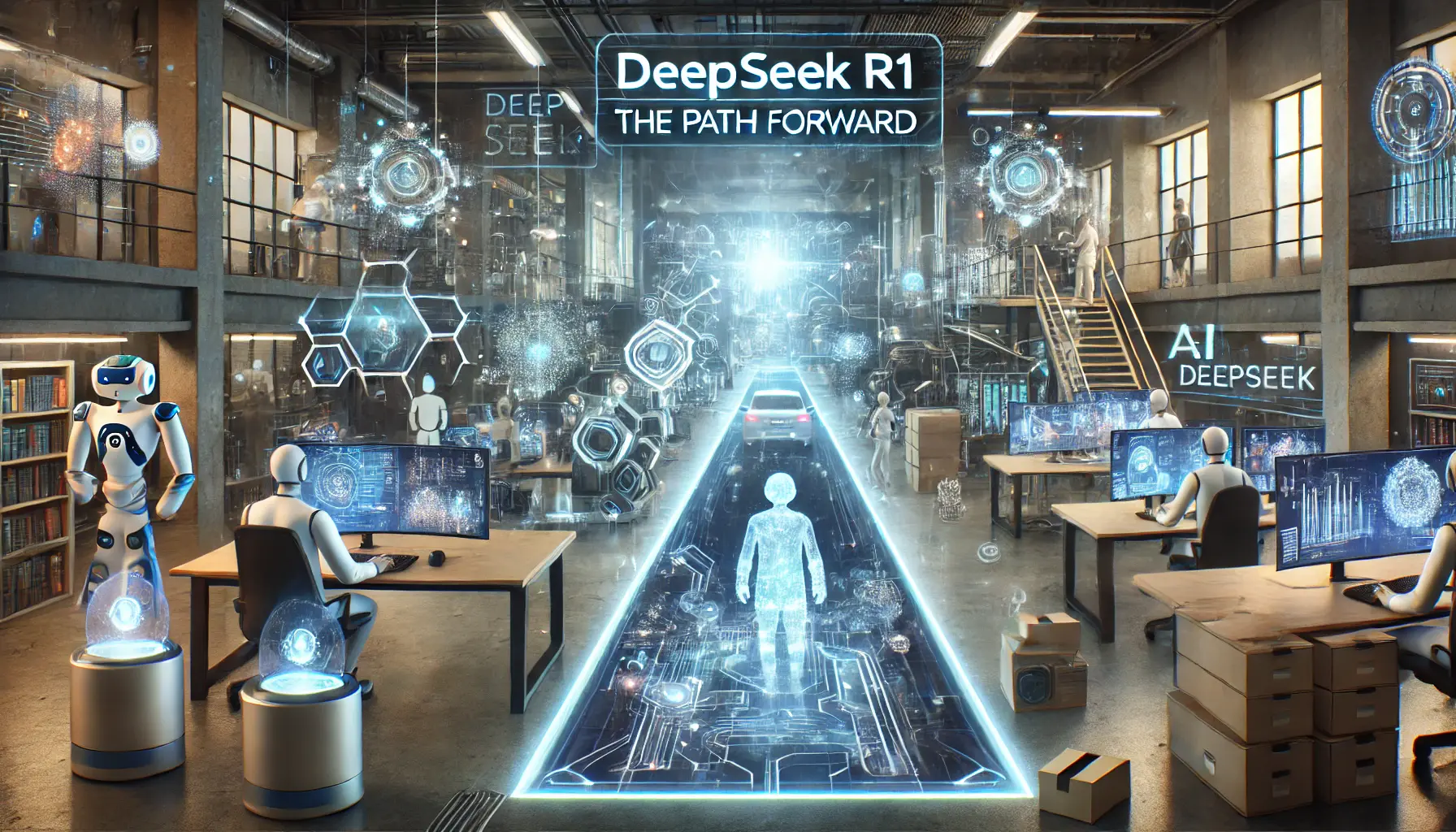 A futuristic AI lab showing the path forward for DeepSeek R1, with researchers working on algorithms and holographic interfaces visualizing its future improvements.