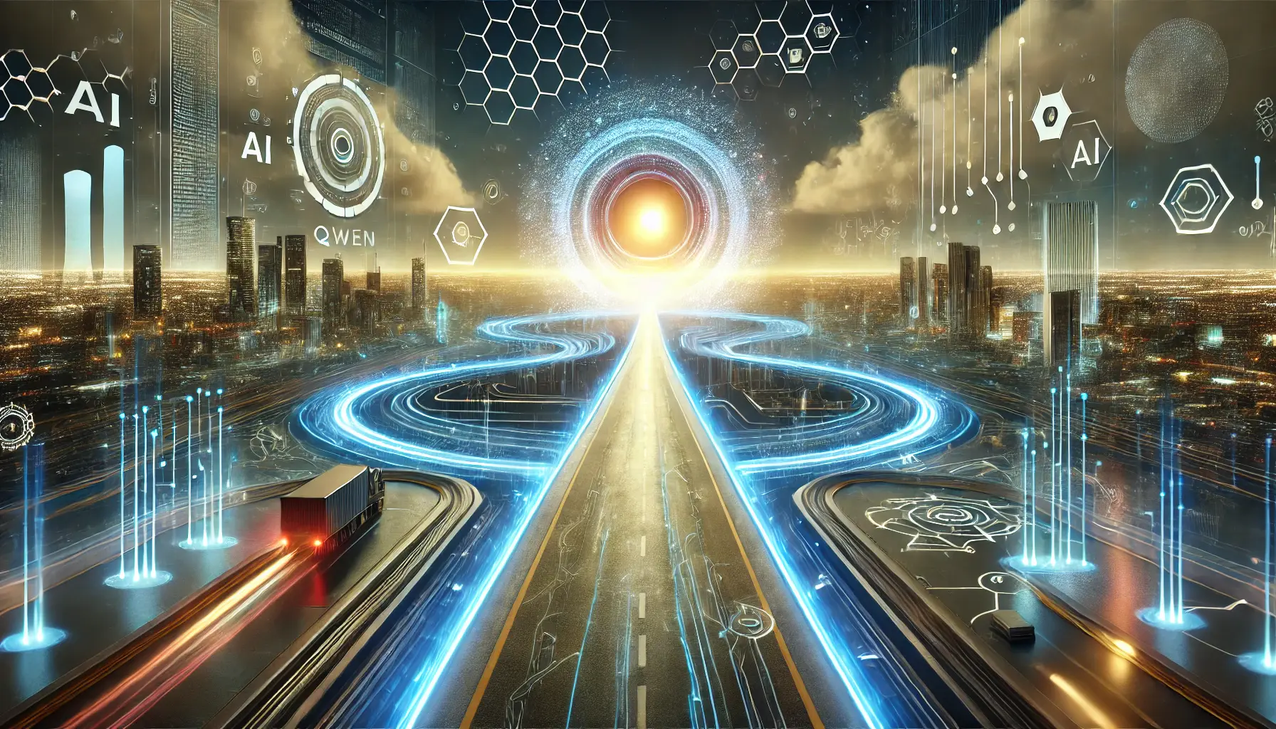 A futuristic digital landscape symbolizing the road ahead for Qwen, with evolving technologies, data streams, and interconnected networks leading to a bright horizon.