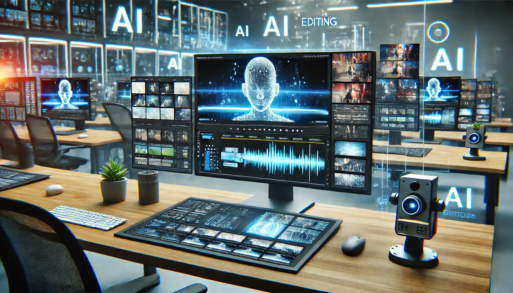 A high-tech digital studio where AI-powered software is actively generating a video with automated editing and analysis.