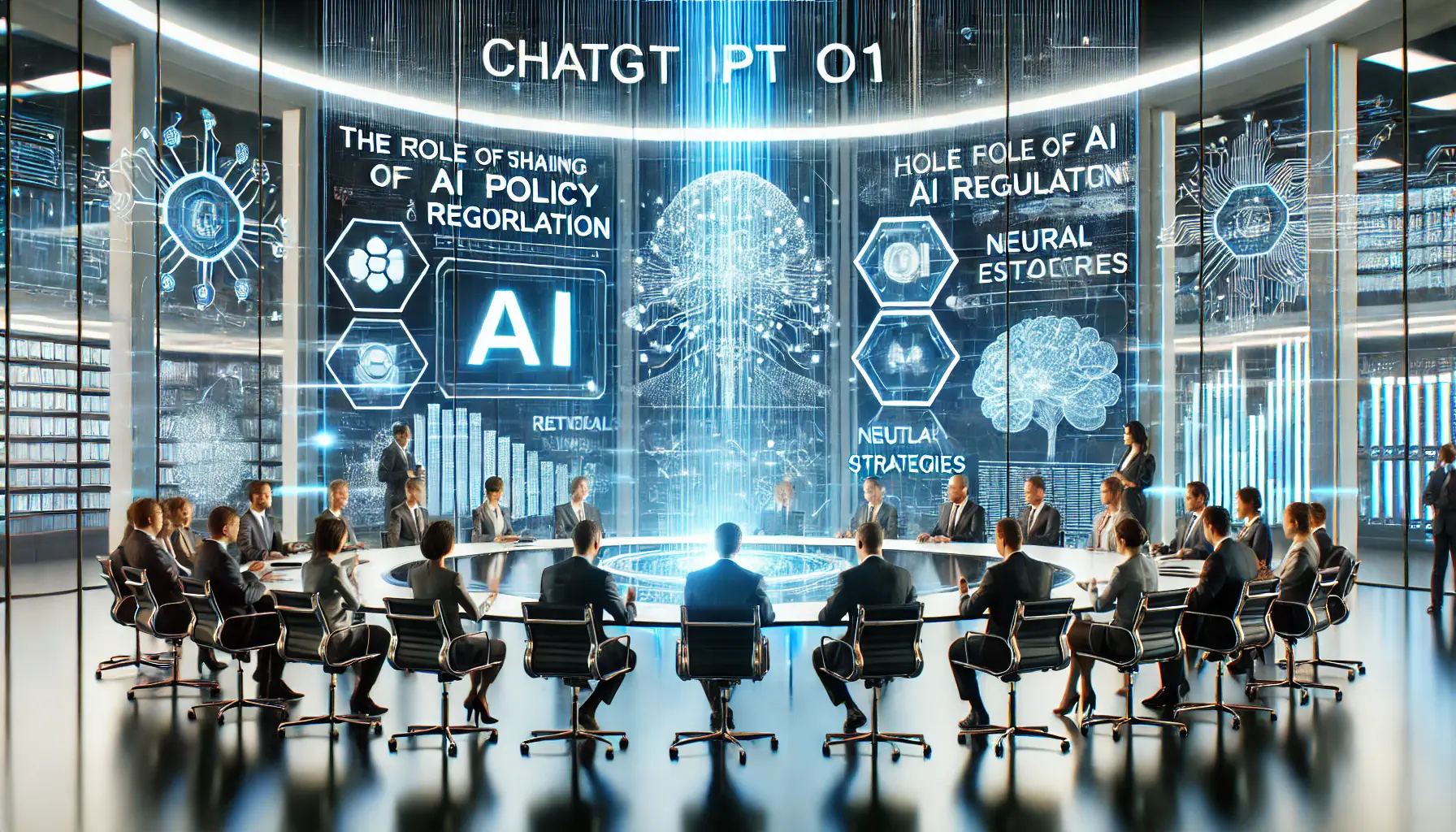 A high-tech regulatory conference with professionals discussing the role of ChatGPT o1 in shaping AI policy and regulation, with holographic displays of AI regulations and law enforcement strategies.