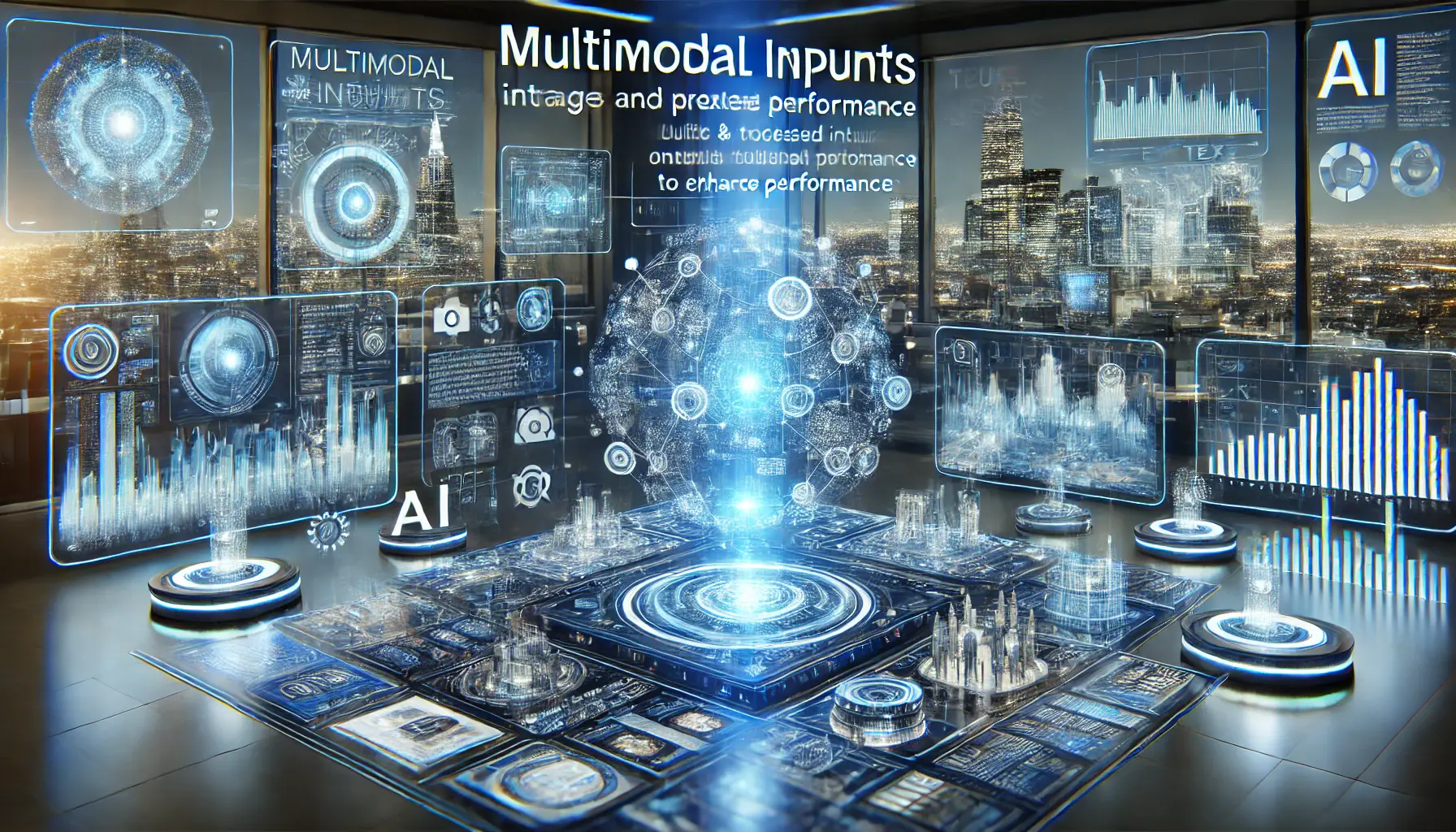 A futuristic AI system processing multimodal inputs, where both text and images are analyzed together to enhance performance, with neural networks and holographic interfaces.