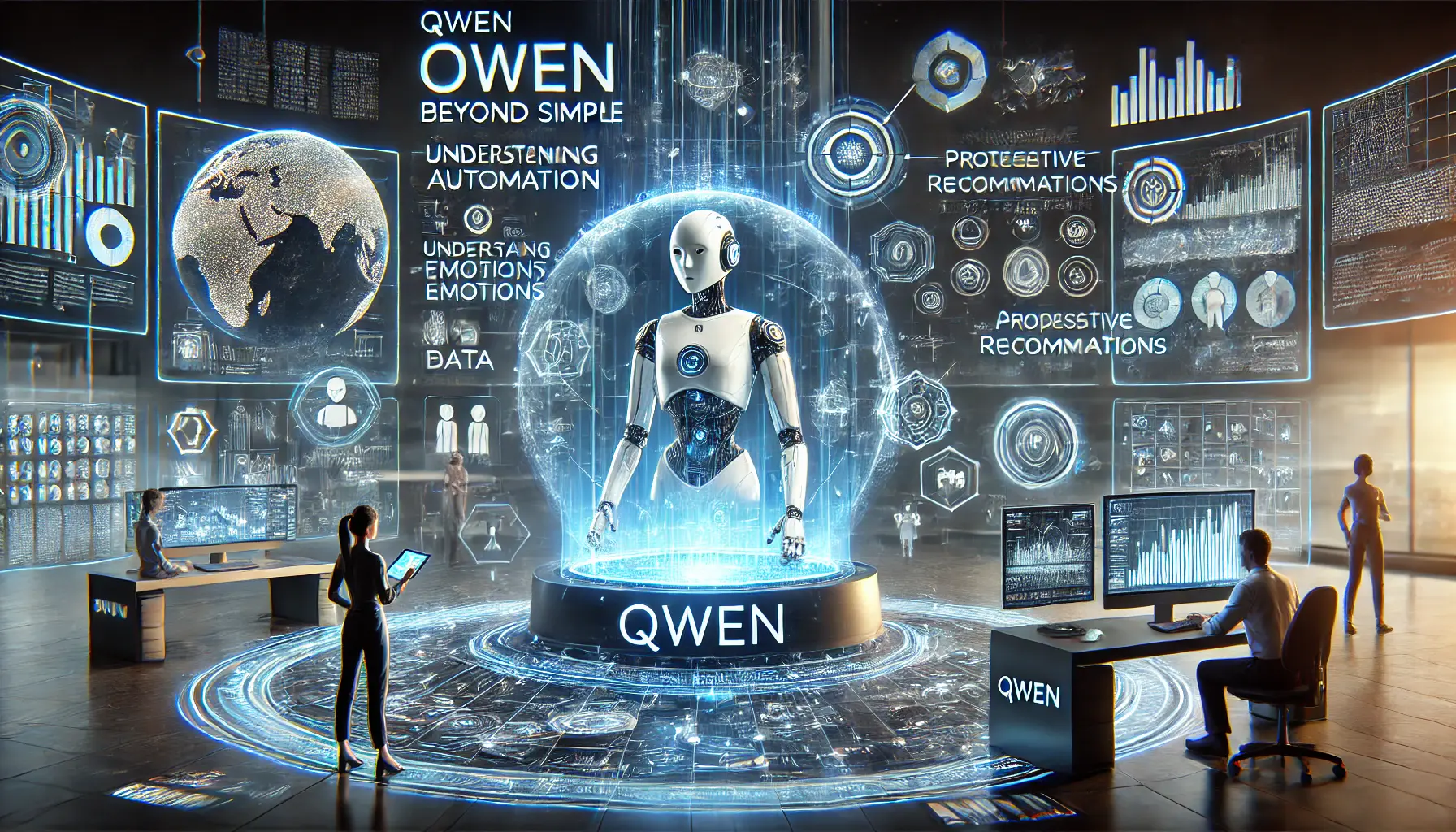 A futuristic AI system powered by Qwen interacting with humans in complex, adaptive ways, analyzing data and making proactive decisions.