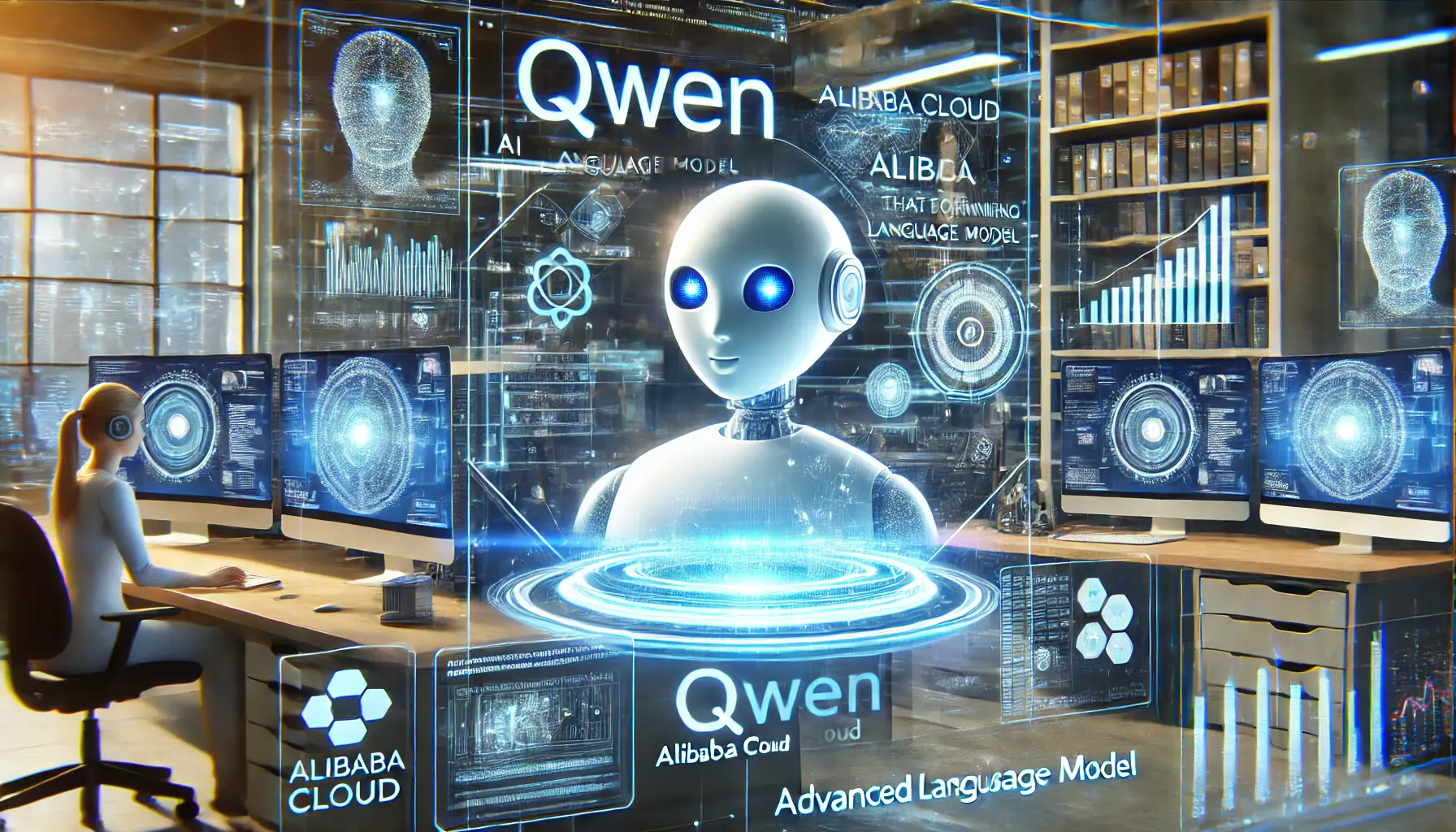 A futuristic AI-powered chatbot development environment with Qwen being trained using holographic interfaces and advanced computing systems.