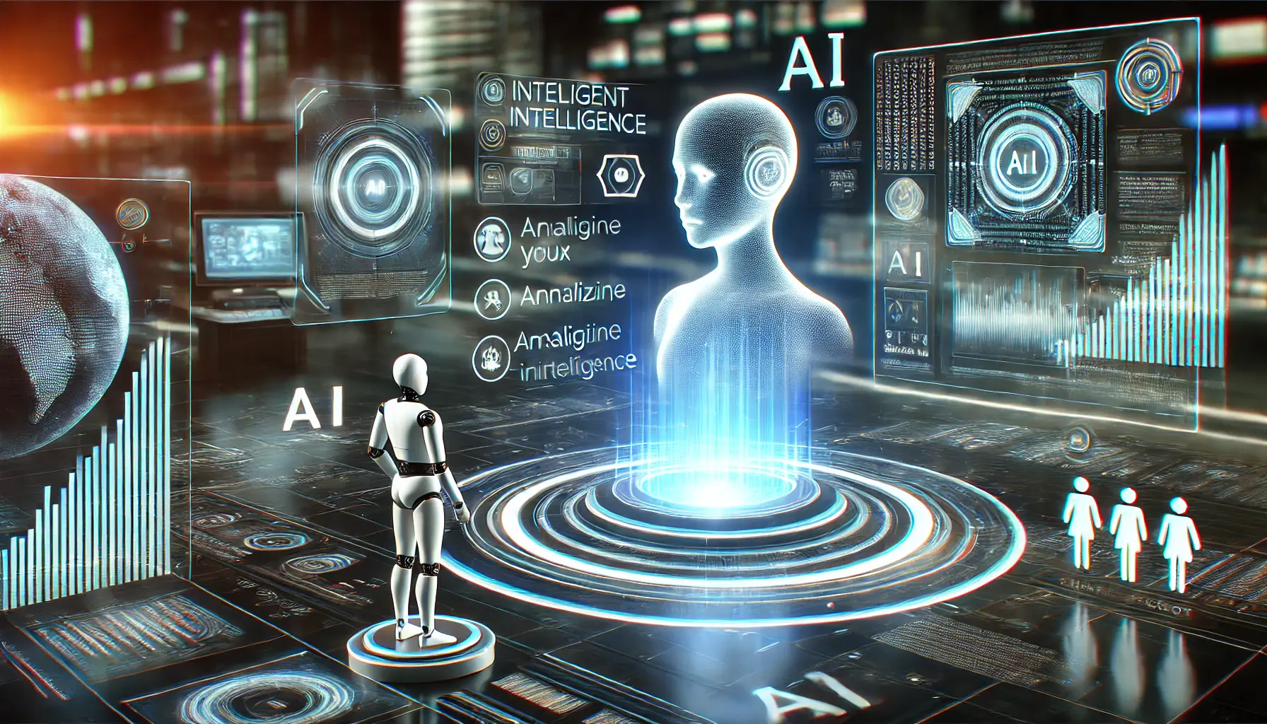 A futuristic AI-powered chatbot interacting with users through a glowing virtual interface, set in a high-tech digital environment with holographic elements.