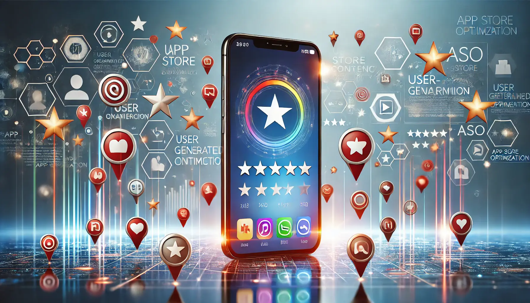 A digital representation of user-generated content (UGC) in app store optimization, featuring a smartphone displaying an app store interface with floating user interactions like ratings, reviews, and video feedback, surrounded by a dynamic tech-inspired environment.