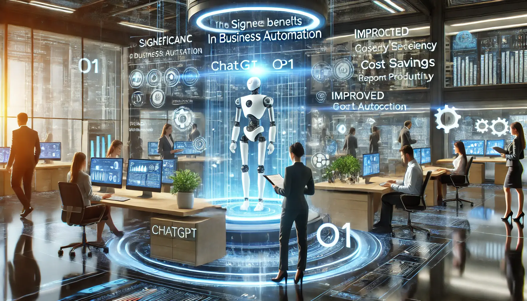 A futuristic business office where professionals use ChatGPT o1 to automate business processes, showing significant benefits like improved efficiency and cost savings.