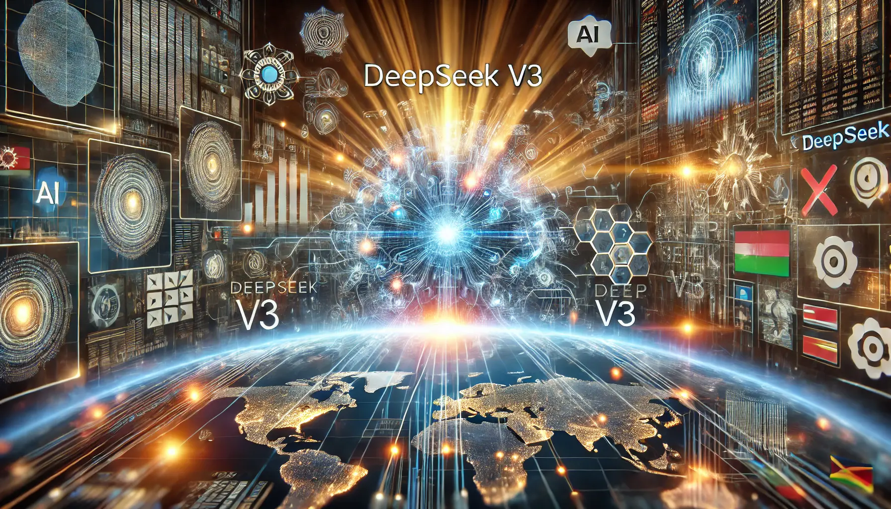 A digital representation of DeepSeek v3's transformative impact in multilingual AI, with neural networks and data streams bridging language barriers.