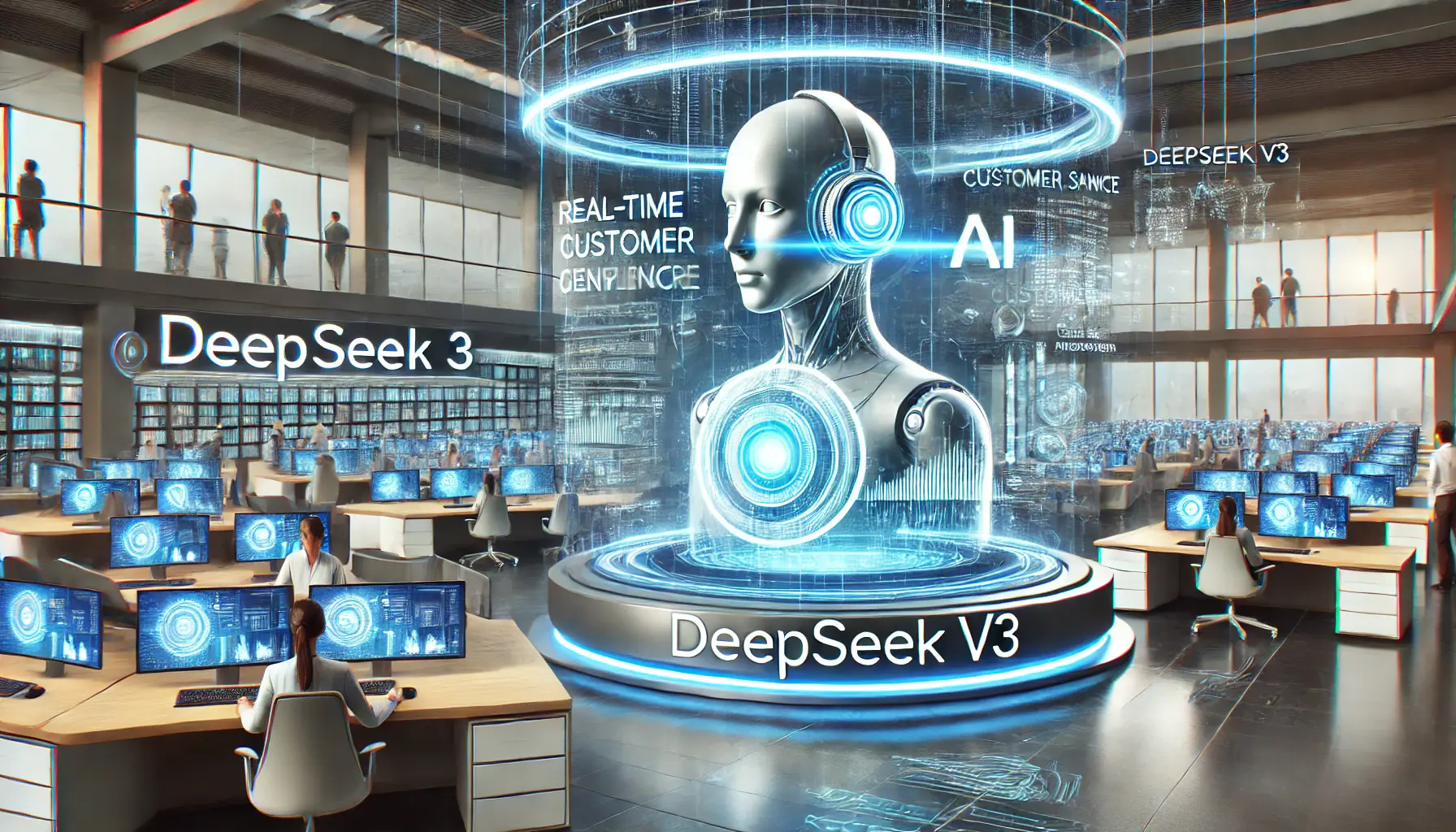 A high-tech customer service center powered by DeepSeek v3, illustrating the transformative impact of AI on customer service with real-time data analysis and predictive capabilities.